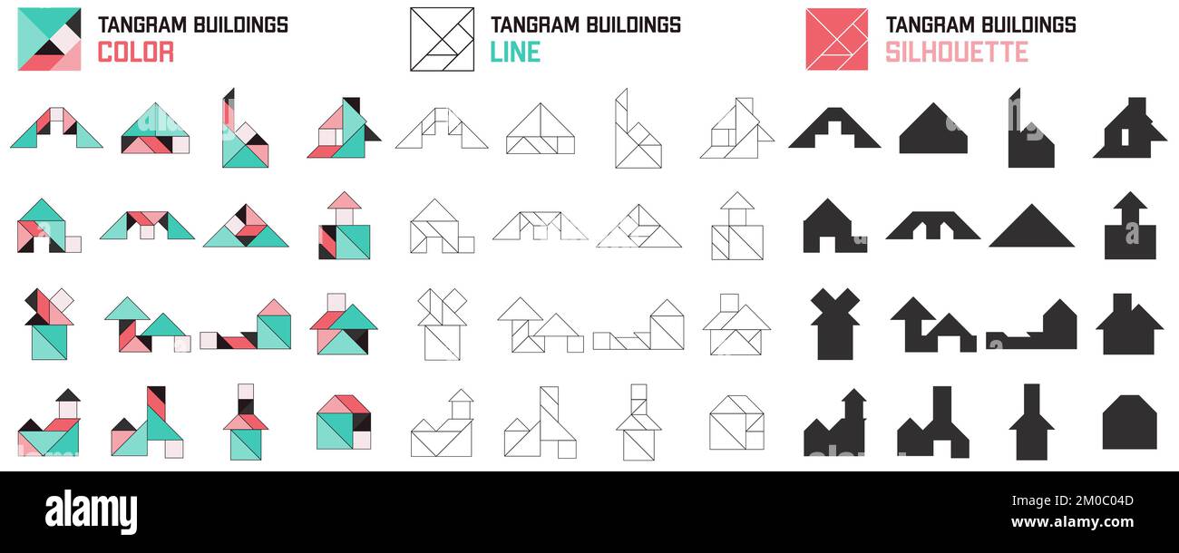 Tangram puzzle for kids. Set of tangram buildings. Stock Vector