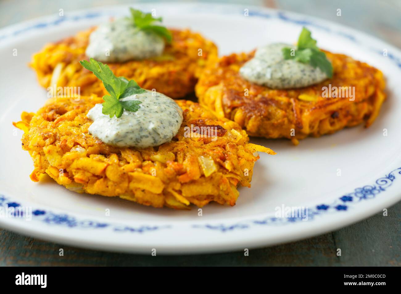 Curried Winter Squash Patties with a Soy Yogurt Sauce Stock Photo