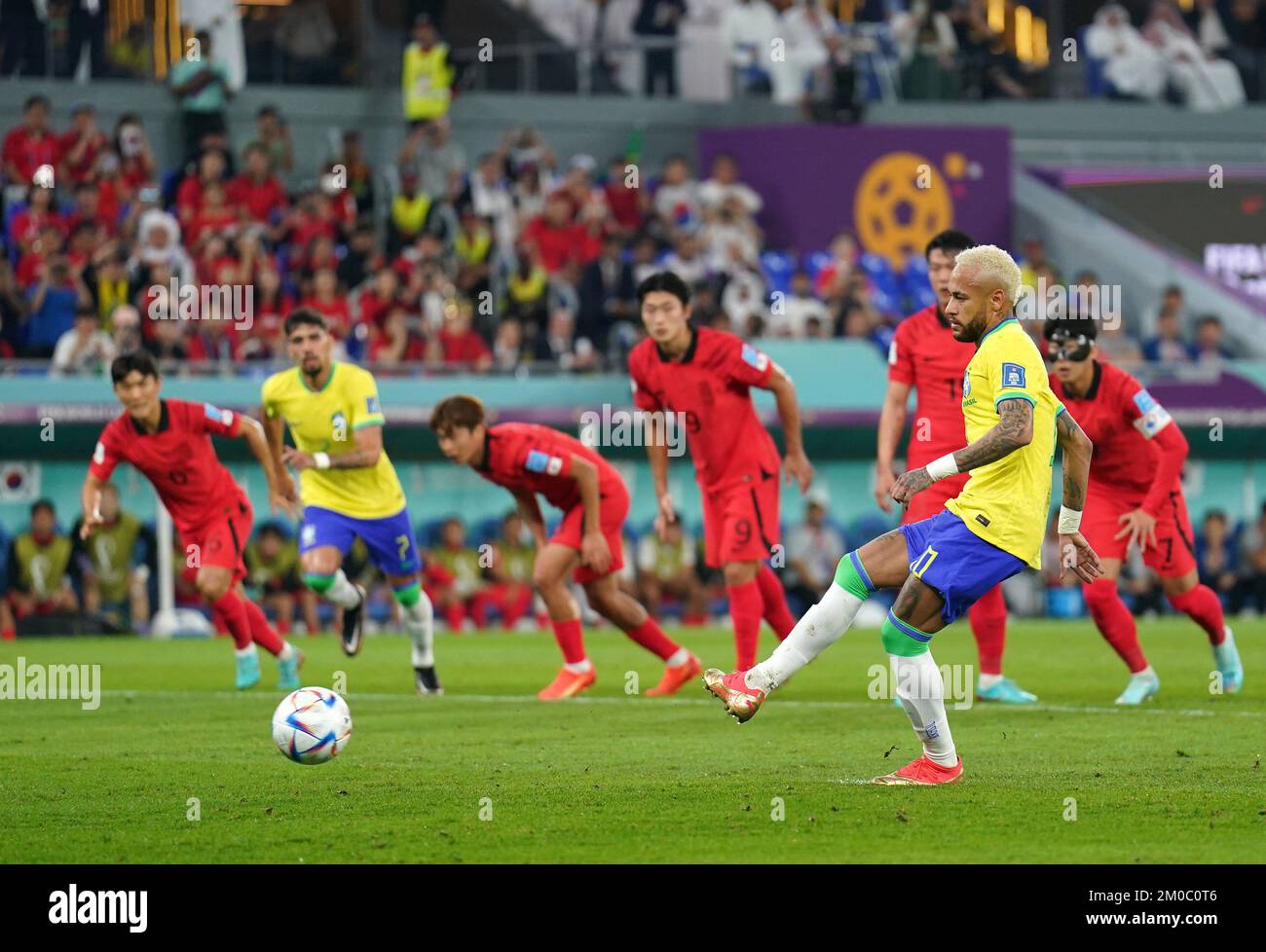 Brazil's Neymar scores their side's second goal of the game from a penalty during the FIFA World Cup Round of Sixteen match at Stadium 974 in Doha, Qatar. Picture date: Monday December 5, 2022. Stock Photo