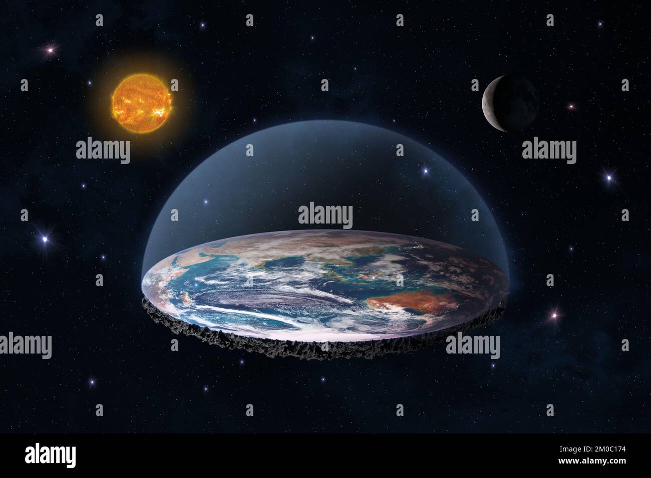 Flat Earth in space with sun and moon. Flat planet Earth conspiracy theory. The flat Earth model is an archaic conception. Elements furnished by NASA. Stock Photo