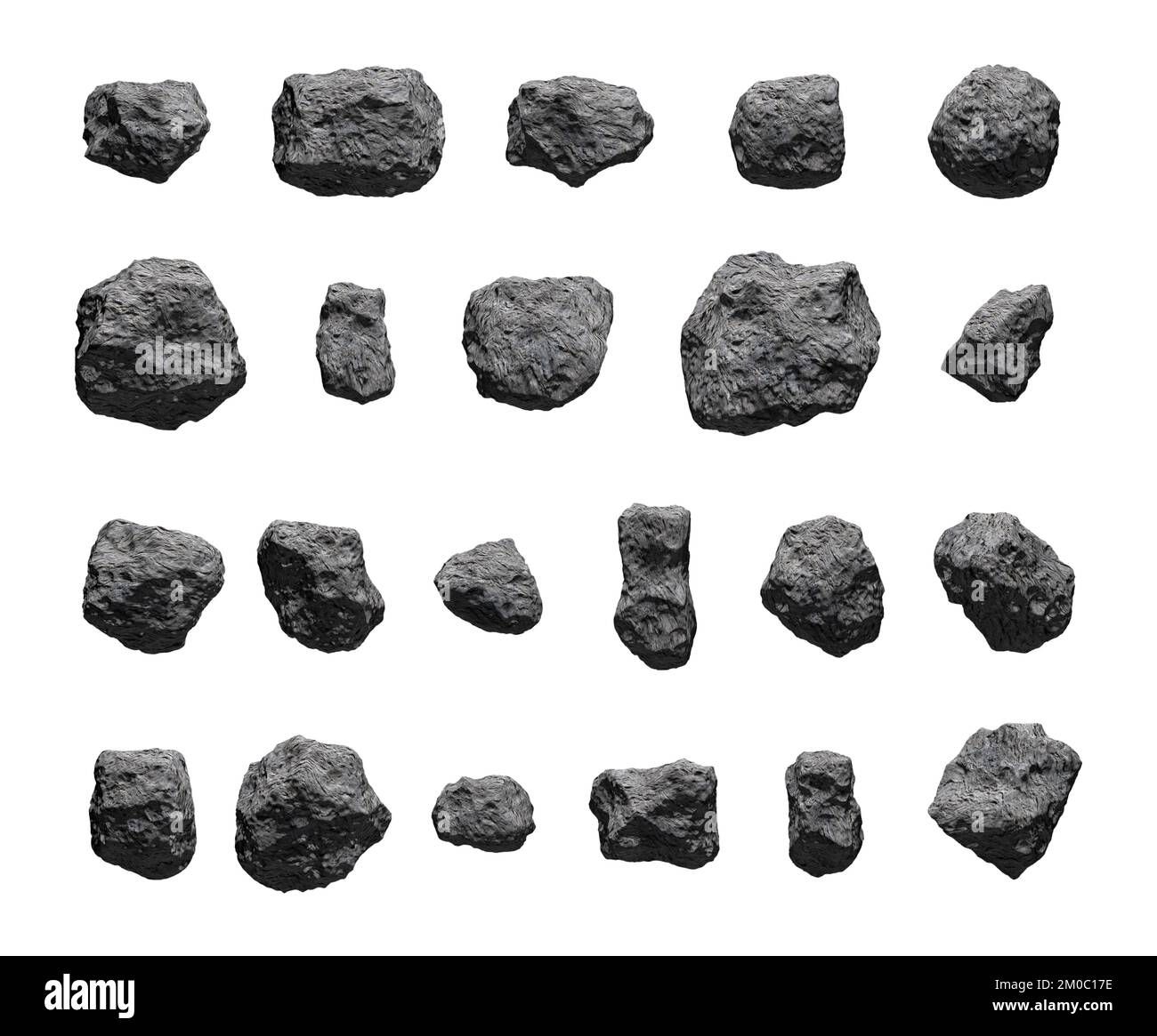 Set of asteroids isolated on white. Meteorites. High resolution 3D