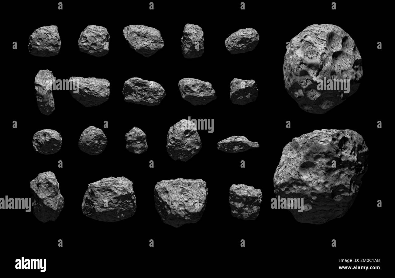 Set of asteroids isolated on black. Group of asteroids on black background. Meteorites. High resolution 3D rendering. Asteroids isolated on pure black. Stock Photo