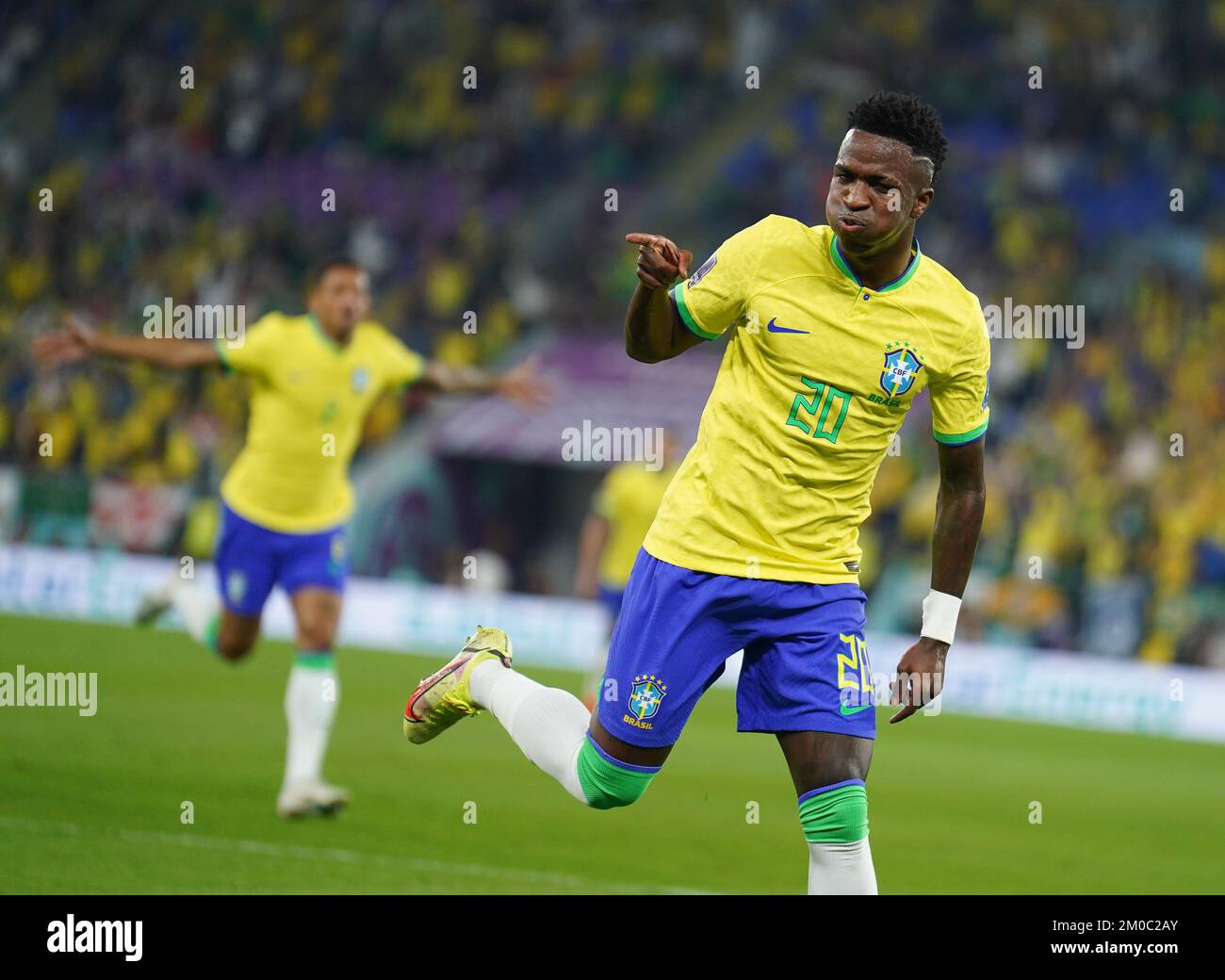Brazils Vinicius Junior celebrates scoring their sides first goal of the game during the FIFA World