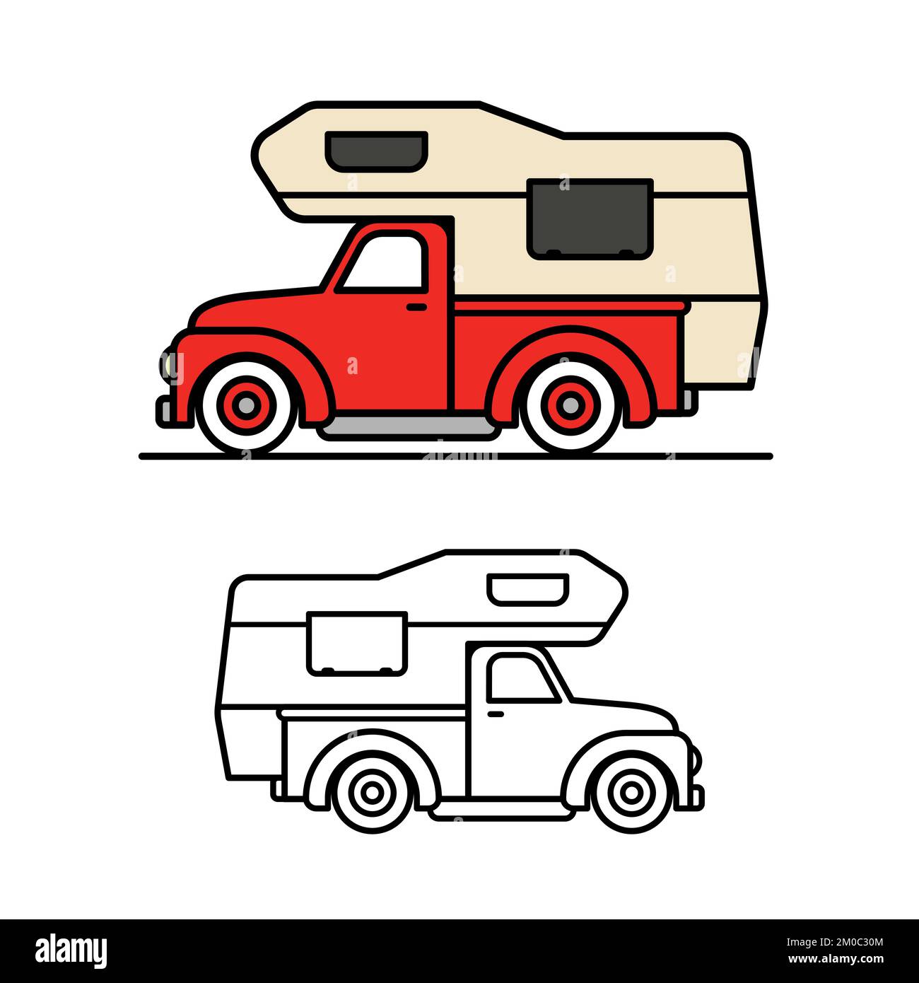 Classic retro camper shell on red vintage pickup truck. Vector illustration icon set with bold black outlines. Stock Vector