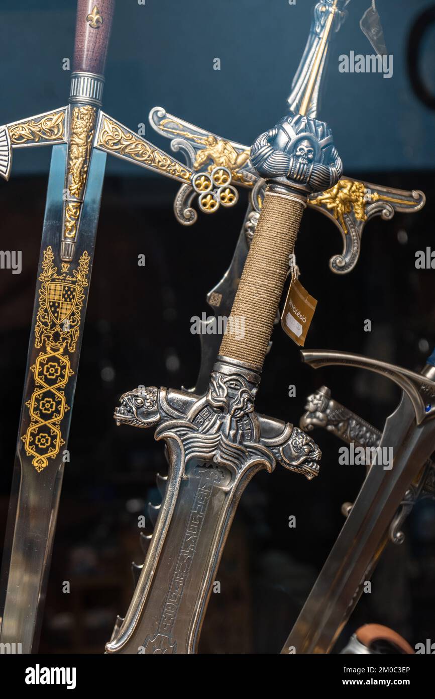 Replicas of swords from Conan the Barbarian and Lord of the Rings movies. Stock Photo