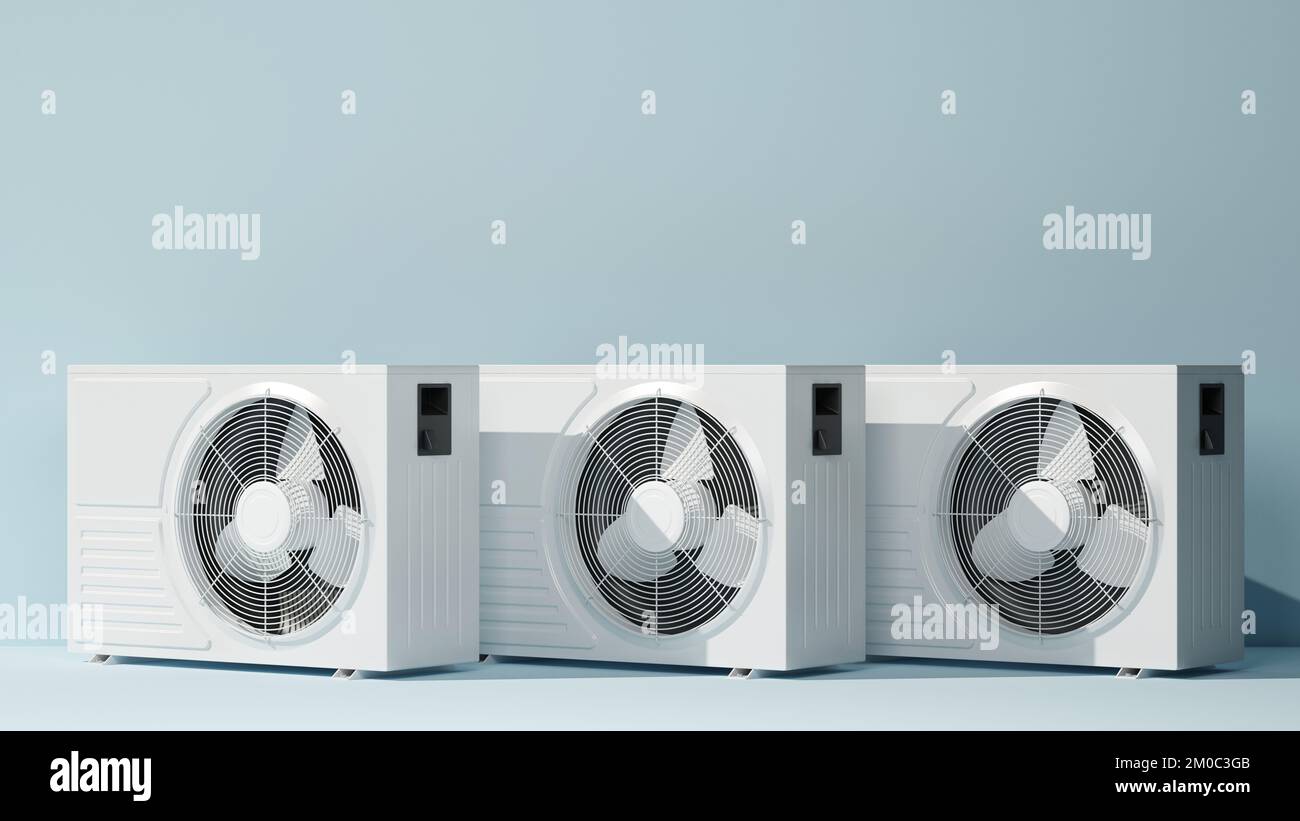 three outdoor air conditioner units with copy space. 3d rendering Stock ...