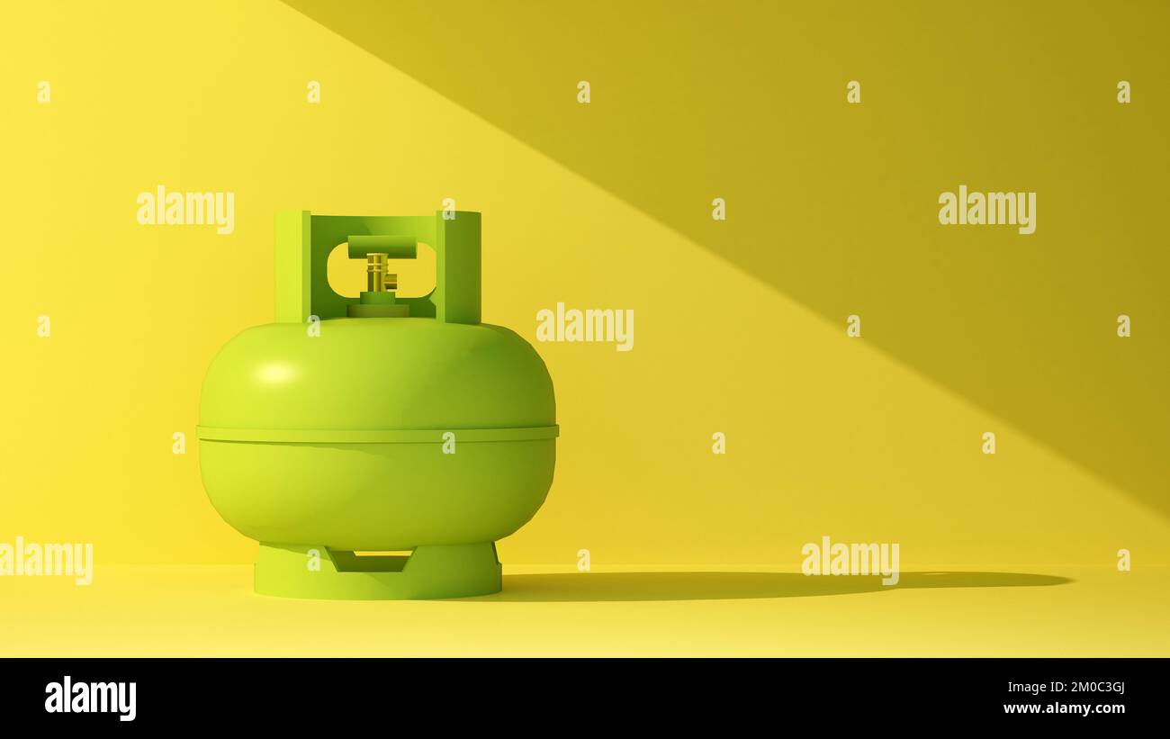 green gas bottle on a yellow background in a beam of light. 3d