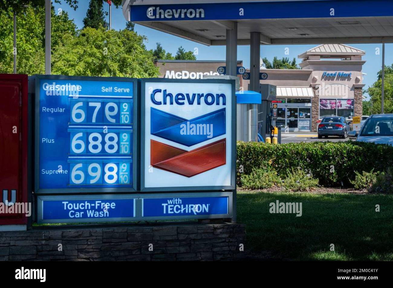 The price sign at a Chevron gas station in Sacramento, California, was a  little out of sorts in June 2022, but customers were being charged $6.79  for a gallon of regular gas