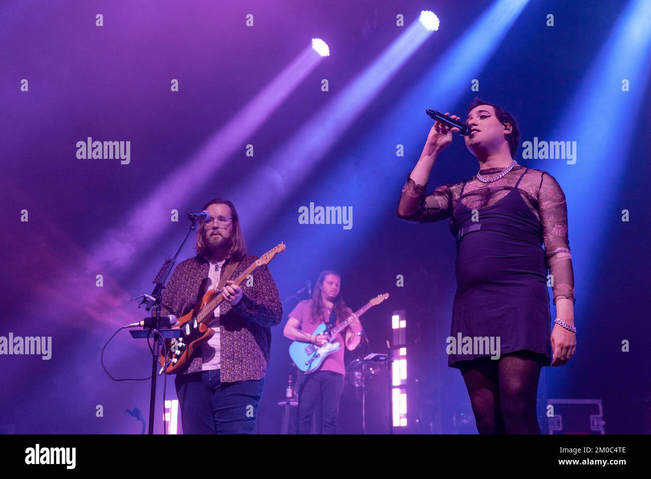 Madison, USA. 04th Dec, 2022. Darrick 'Bozzy' Keller, Ethan Goodpaster and Ela Melo of Rainbow Kitten Surprise at The Sylvee on December 4, 2022, in Madison, Wisconsin (Photo by Daniel DeSlover/Sipa USA) Credit: Sipa USA/Alamy Live News Stock Photo