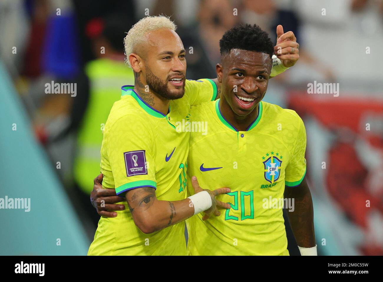 Qatar, 05/12/2022, Doha, Qatar. 05th Dec, 2022. Vinicius Junior of Brazil scores a goal and celebrates with Neymar of Brazil during the FIFA World Cup Qatar 2022 match between Brazil and South Korea at Stadium 974, Doha, Qatar on 5 December 2022. Photo by Peter Dovgan. Editorial use only, license required for commercial use. No use in betting, games or a single club/league/player publications. Credit: UK Sports Pics Ltd/Alamy Live News Stock Photo