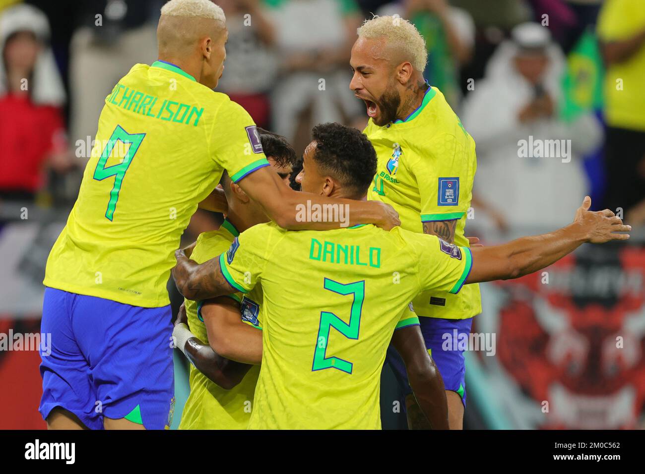 Qatar, 05/12/2022, Doha, Qatar. 05th Dec, 2022. Vinicius Junior of Brazil scores a goal and celebrates with Neymar of Brazil, Richarlison of Brazil and Danilo Da Silva of Brazil during the FIFA World Cup Qatar 2022 match between Brazil and South Korea at Stadium 974, Doha, Qatar on 5 December 2022. Photo by Peter Dovgan. Editorial use only, license required for commercial use. No use in betting, games or a single club/league/player publications. Credit: UK Sports Pics Ltd/Alamy Live News Stock Photo