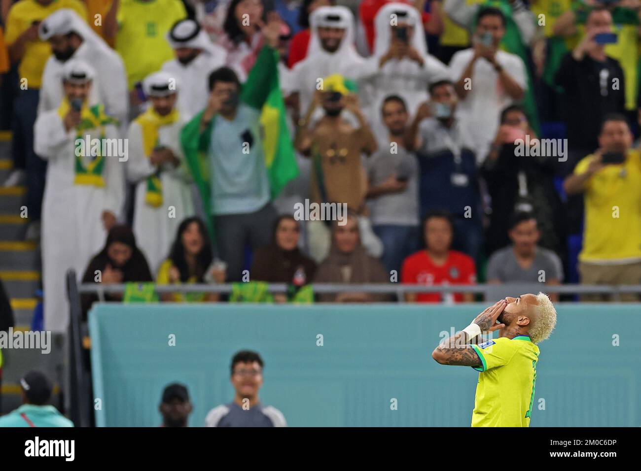 Doha, Qatar: 5th December 2022; FIFA World Cup final 16 round, Brazil versus South Korea: Neymar of Brasil celebrates scoring his penalty kick goal in the 12th minute for 2-0 Stock Photo