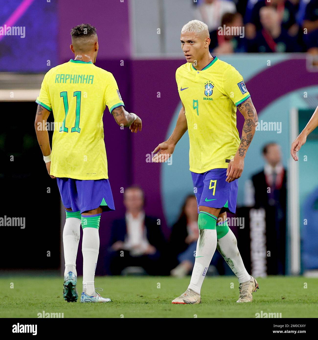 DOHA, 05-12-2022, Stadium , World Cup 2022 in Qatar , Round of 16, game  between Brazil and South Korea, Brazil player Richarlison with Raphinha  after scoring 3-0 (Photo by Pro Shots/Sipa USA Stock Photo - Alamy