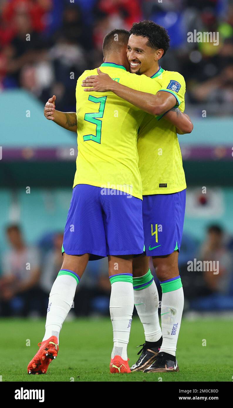 Doha, Qatar, 5th December 2022.  Thiago Silva of Brazil and Marquinhos Correa of Brazil hug  during the FIFA World Cup 2022 match at Stadium 974, Doha. Picture credit should read: David Klein / Sportimage Stock Photo
