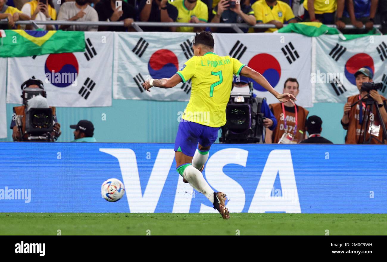 Doha, Qatar, 5th December 2022.  Lucas Paqueta of Brazil scores their fourth goal during the FIFA World Cup 2022 match at Stadium 974, Doha. Picture credit should read: David Klein / Sportimage Stock Photo