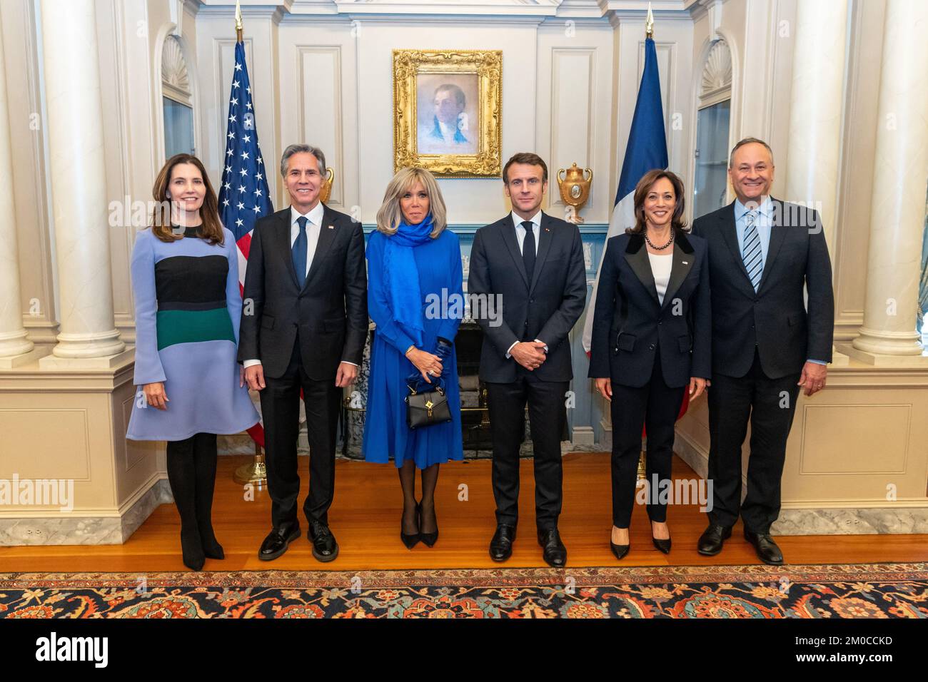 Evan Ryan, Secretary Blinken, French First Lady Macron, French President Macron, Vice President Harris, and Second Gentleman Emhoff Pose for a Photo From left to right, Secretary of State Antony J. Blinken, Evan Ryan, French First Lady Brigitte Macron, French President Emmanuel Macron, Vice President Kamala Harris, and Second Gentleman Doug Emhoff pose for a photo before the State Luncheon in honor of the French President at the U.S. Department of State in Washington, D.C., on December 1, 2022. [State Department Photo by Ron Przysucha} Stock Photo