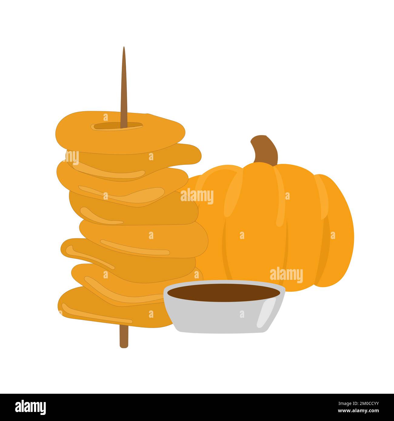 Picarones pumpkin donuts, dessert, latin american cuisine. National cuisine of Peru. Donuts on a skewer, pumpkin and sauce. Traditional food Stock Vector
