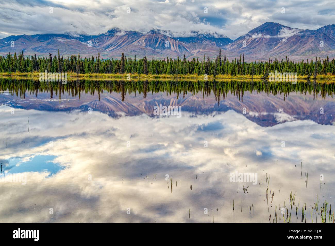 Morning mountain reflection on a lake along the Denali Highway in Alaska Stock Photo