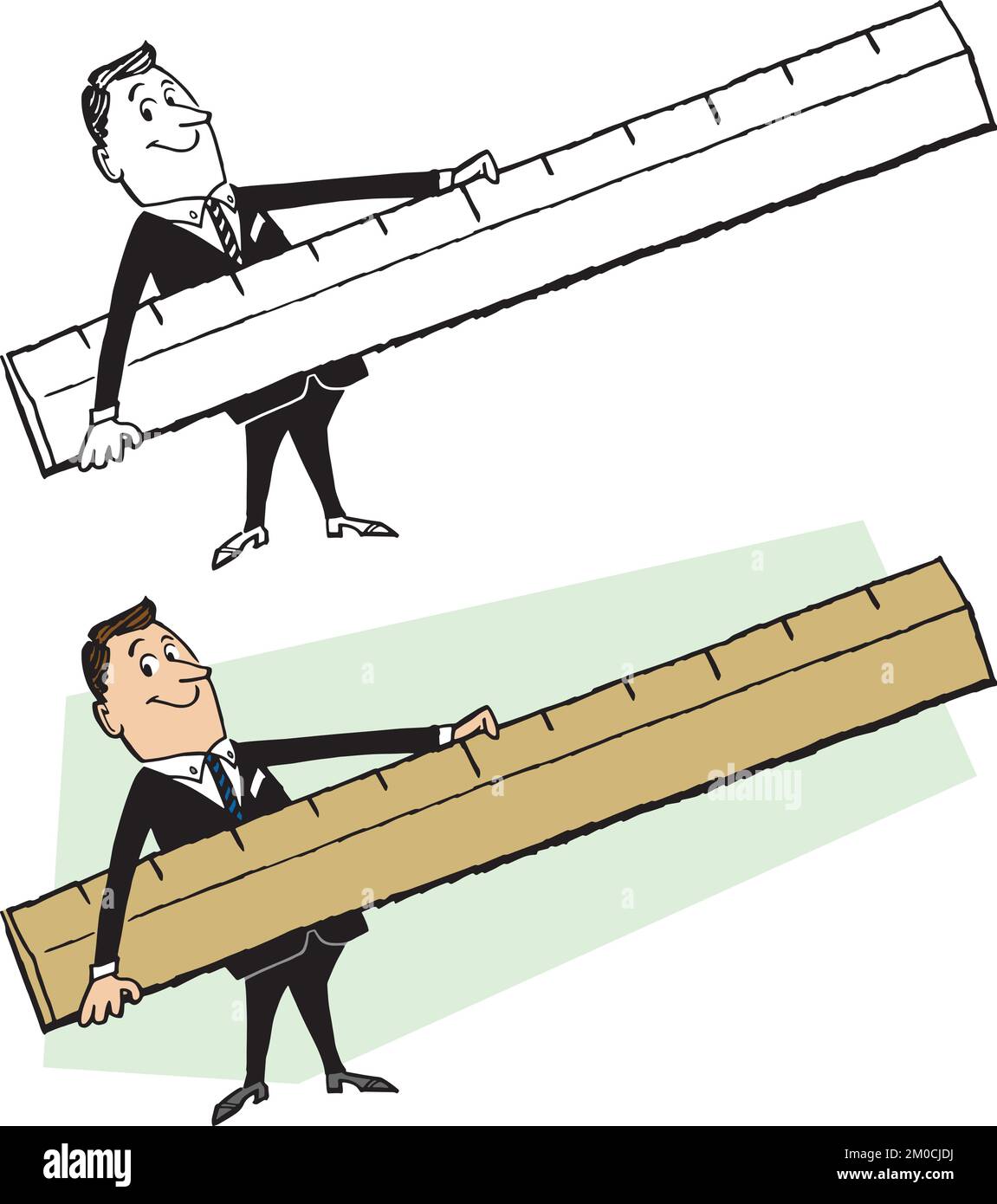 A vintage retro cartoon of a businessman holding a giant oversized ...