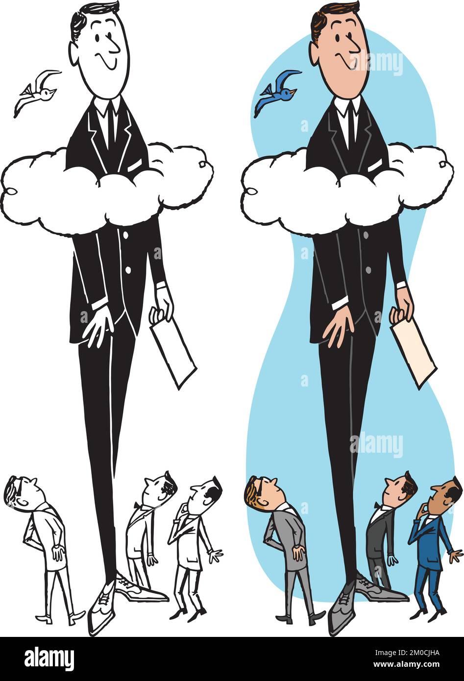 A vintage retro cartoon of a businessman with his head above the clouds. Stock Vector