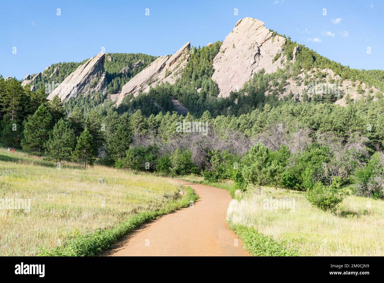 View of the Flatiron Peaks in Chautauqua Park in Boulder, Colorado Stock Photo
