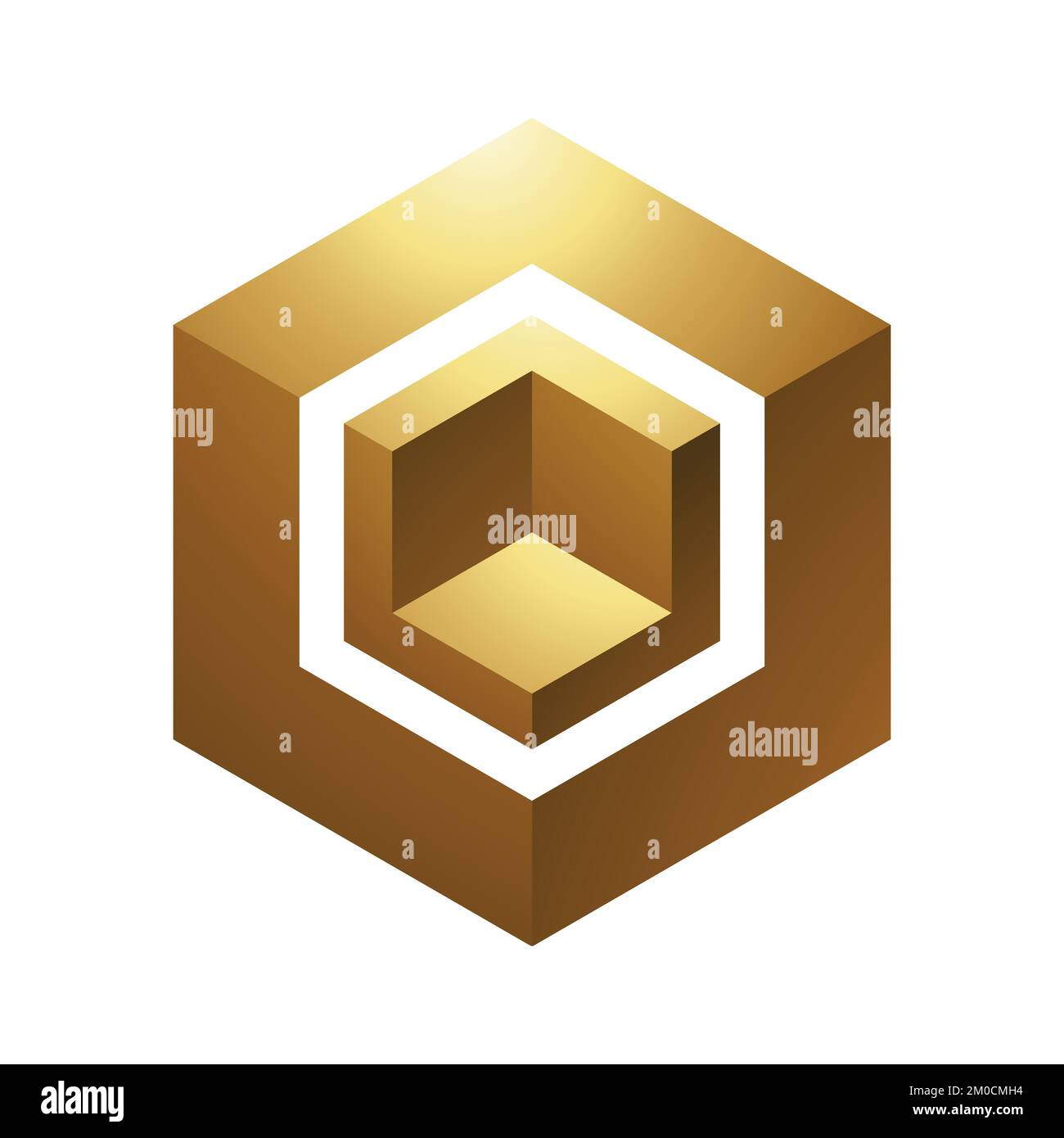Golden Hexagonal Cube on a White Background Stock Vector