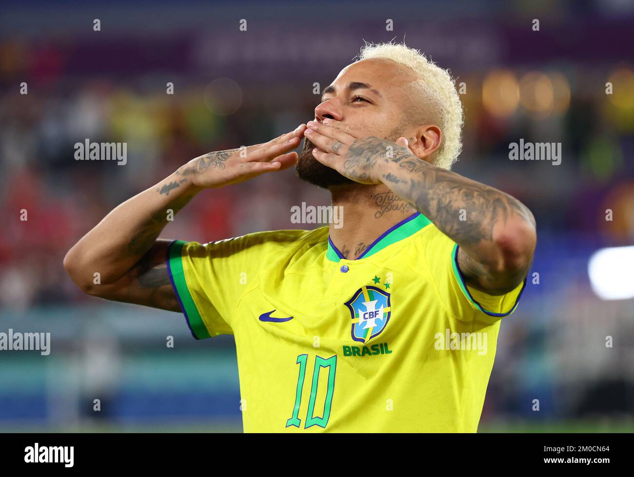 Doha, Qatar, 5th December 2022.  Neymar Jr of Brazil blows kisses during the FIFA World Cup 2022 match at Stadium 974, Doha. Picture credit should read: David Klein / Sportimage Stock Photo