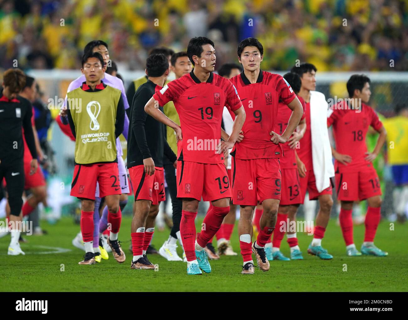 South Korea's Kim Young-gwon (centre) reacts following the FIFA World Cup Round of Sixteen match at Stadium 974 in Doha, Qatar. Picture date: Monday December 5, 2022. Stock Photo