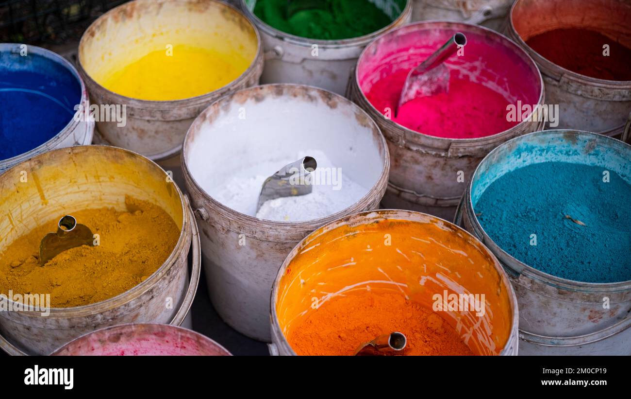 Colorful paint buckets, painting art, unmanned and void visual Stock