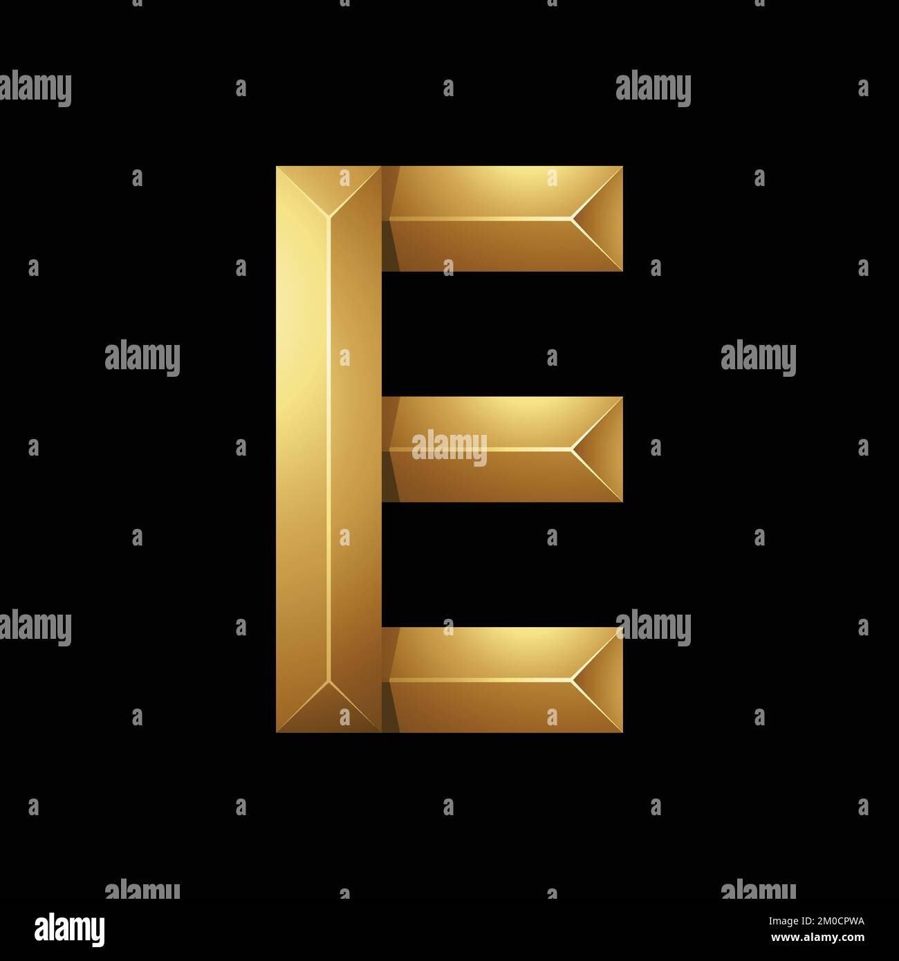 Golden Letter E Made of Pyramidical Rectangles on a Black Background Stock Vector