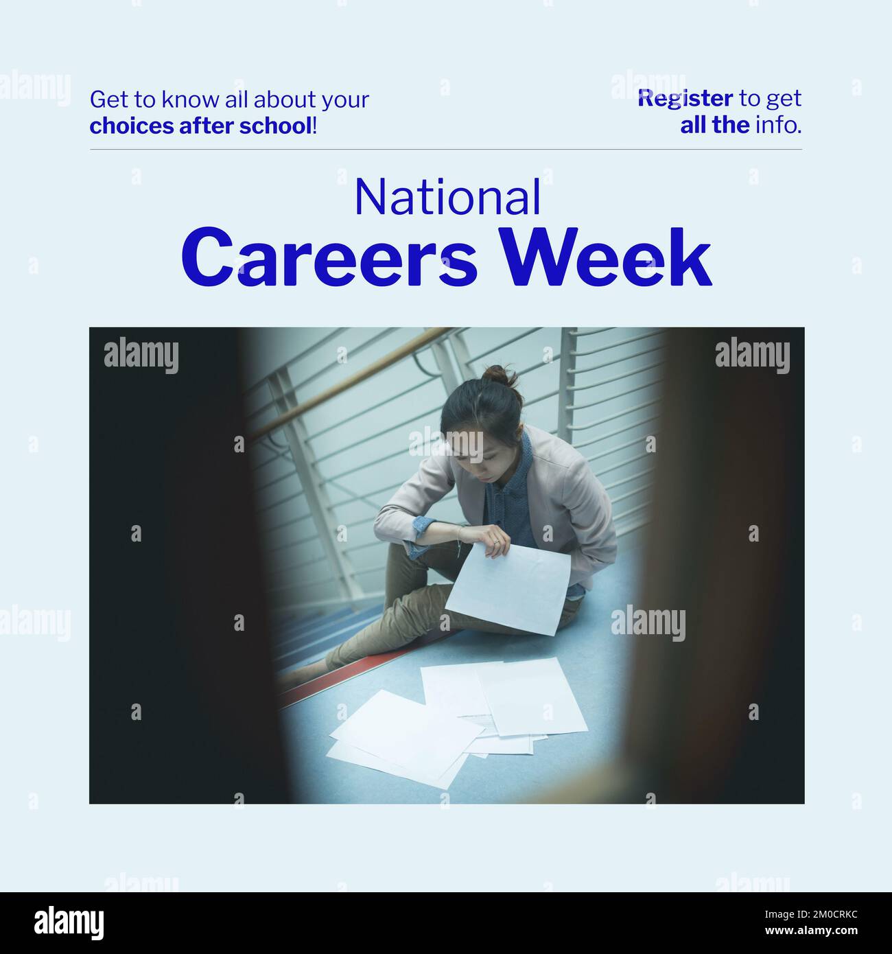 Composition of national careers week text and biracial businesswoman sorting papers Stock Photo