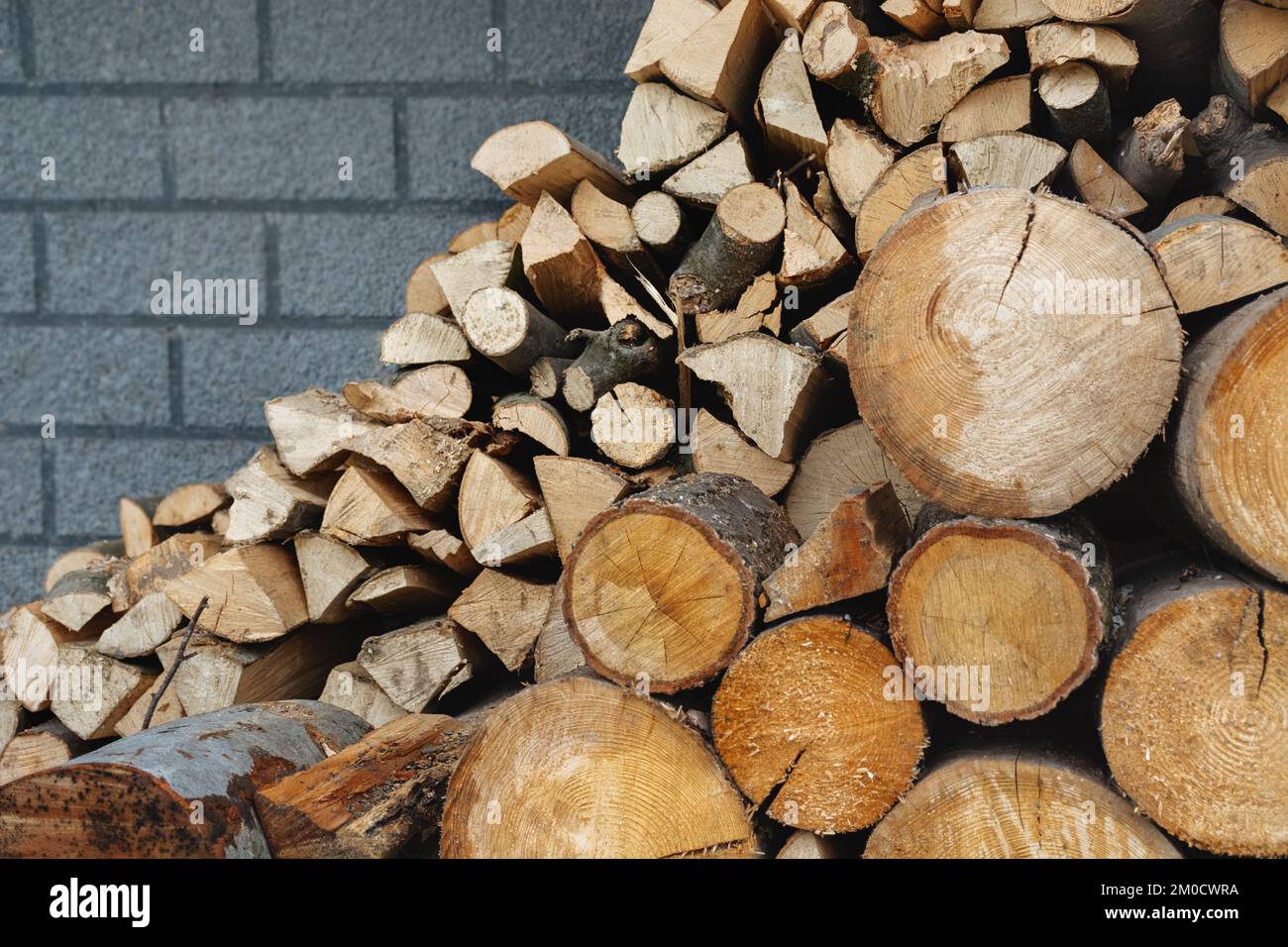 Preparation of wood for winter. Pile of firewood in front of brick wall