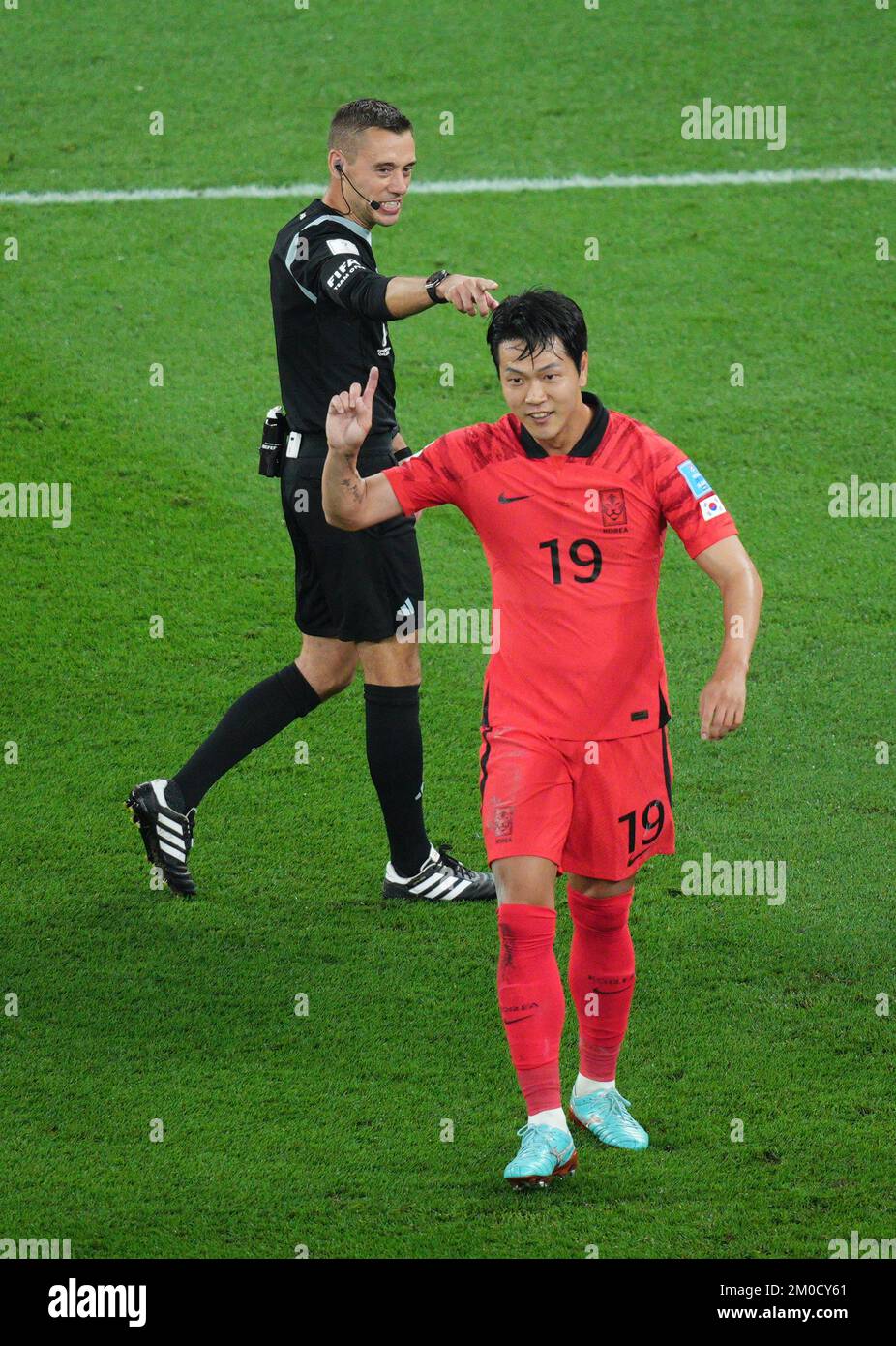 Doha, Qatar. 5th Dec, 2022. Kim Young-gwon of South Korea reacts during the Round of 16 match between Brazil and South Korea at the 2022 FIFA World Cup at Stadium 974 in Doha, Qatar, Dec. 5, 2022. Credit: Xin Yuewei/Xinhua/Alamy Live News Stock Photo
