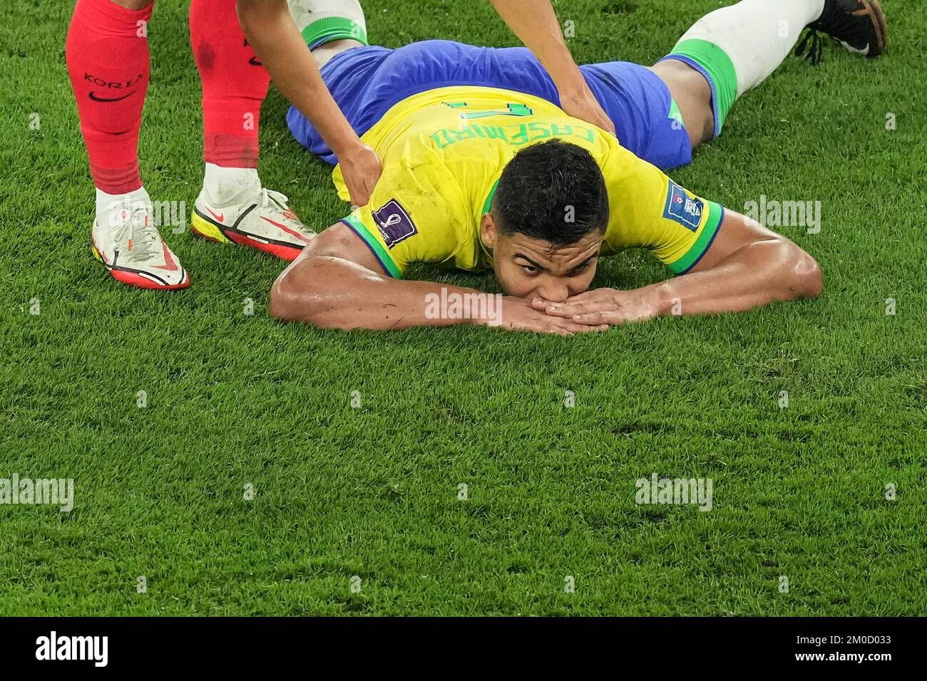 Doha, Qatar. 5th Dec, 2022. Casemiro of Brazil reacts during the Round of 16 match between Brazil and South Korea at the 2022 FIFA World Cup at Stadium 974 in Doha, Qatar, Dec. 5, 2022. Credit: Pan Yulong/Xinhua/Alamy Live News Stock Photo