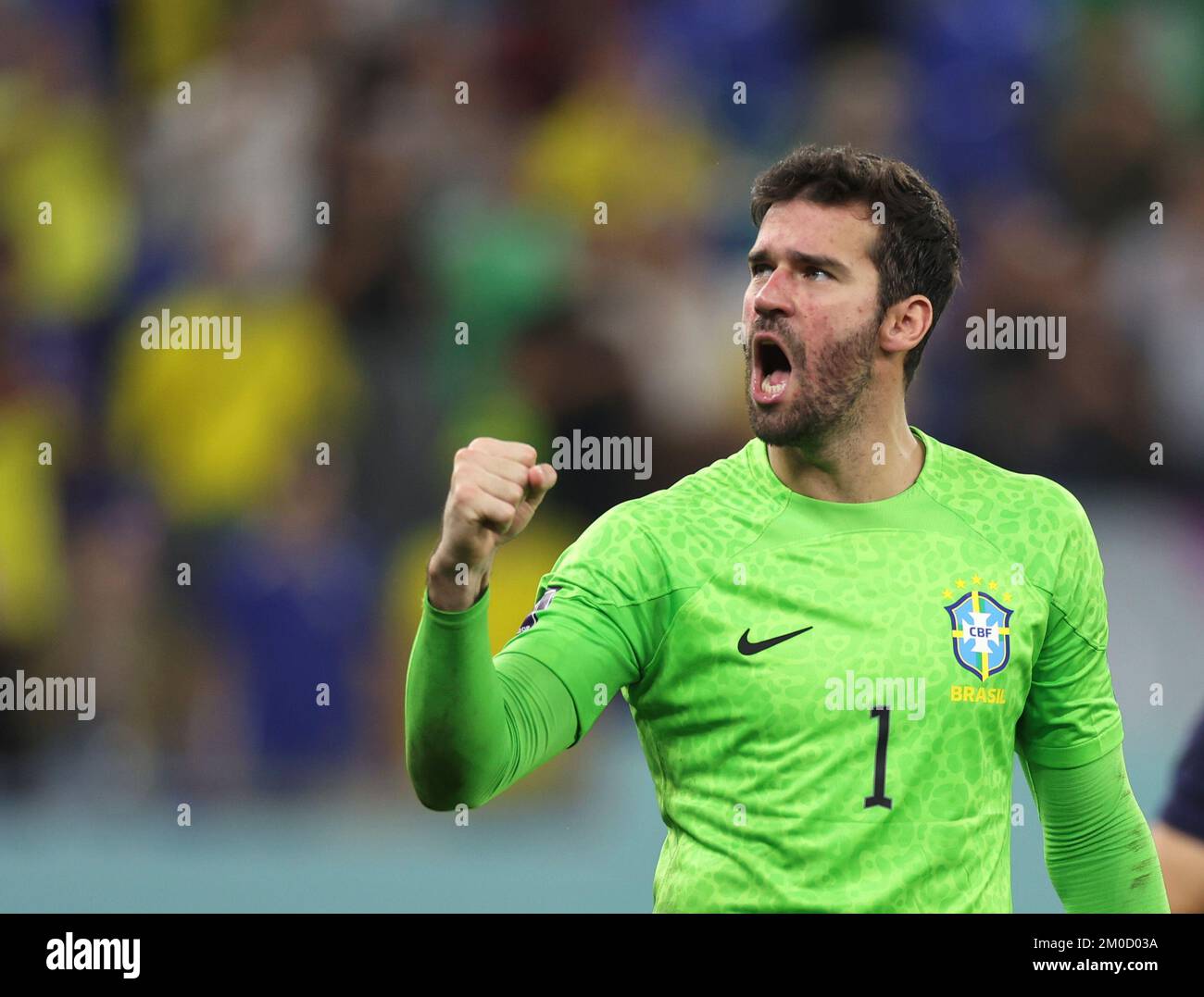 Doha, Qatar. 5th Dec, 2022. Brazil's goalkeeper celebrates advancing into  the quarter finals after the Round of 16 match between Brazil and South  Korea at the 2022 FIFA World Cup at Stadium