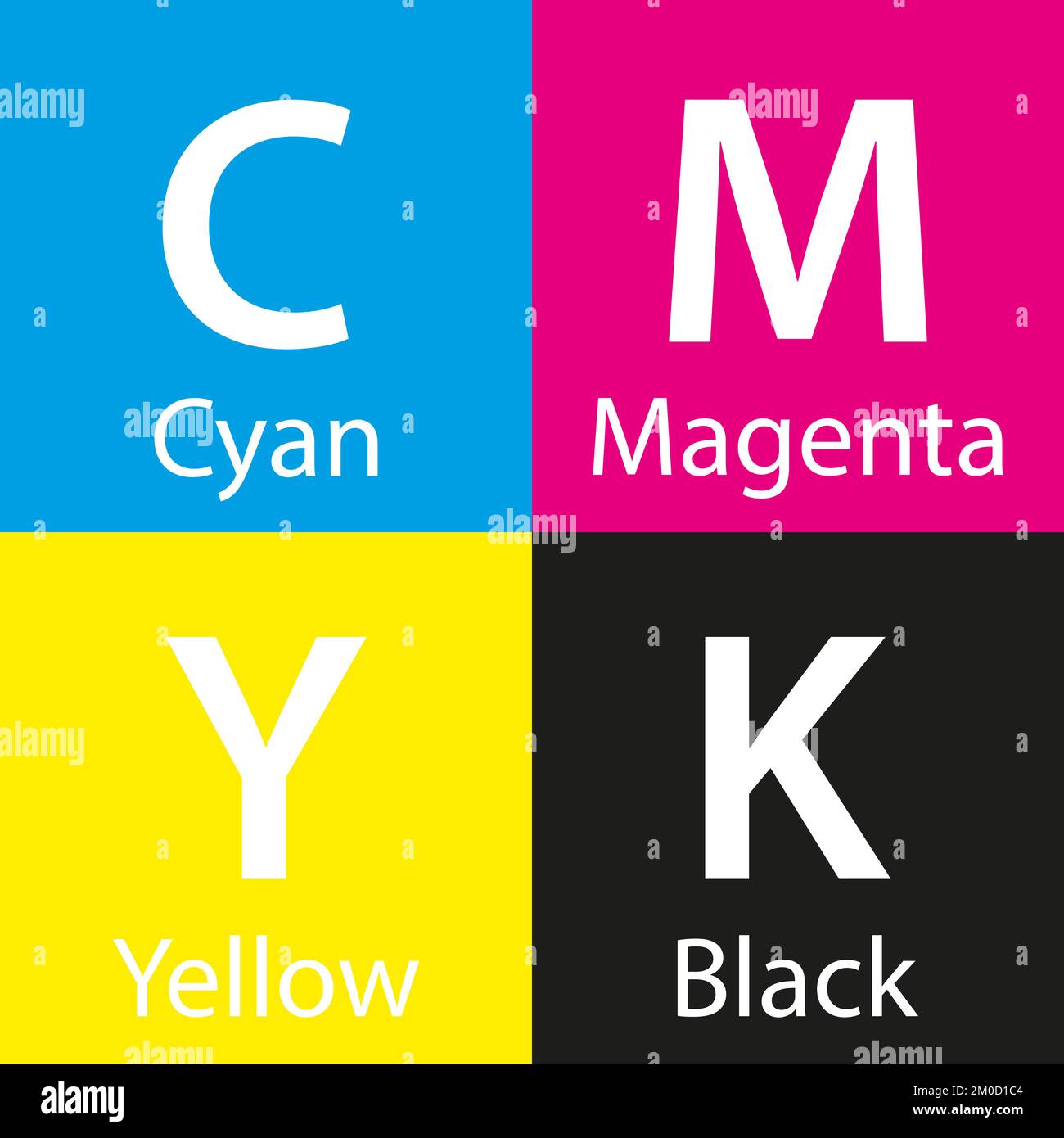 Simple vector cmyk color sample with color name, background with cyan, magenta, yellow and black color Stock Vector