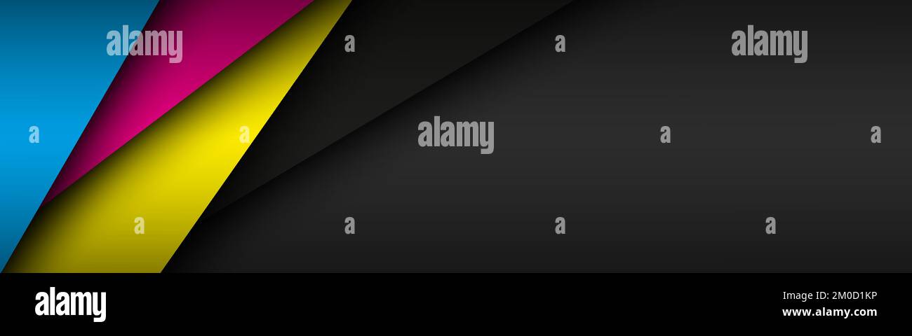 Black modern material header with overlapped layers with cmyk colors. Banner for your business. Vector abstract widescreen background Stock Vector
