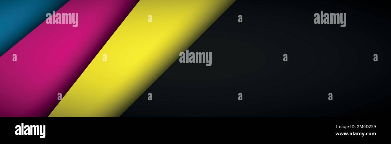 Black modern material header with overlapped layers with cmyk colors. Banner for your business. Vector abstract widescreen Stock Vector