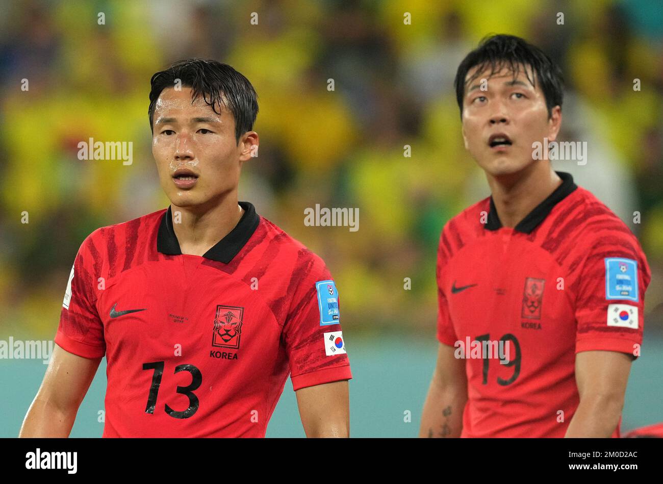 South Korea's Son Jun-ho and Kim Young-gwon during the FIFA World Cup Round of Sixteen match at Stadium 974 in Doha, Qatar. Picture date: Monday December 5, 2022. Stock Photo