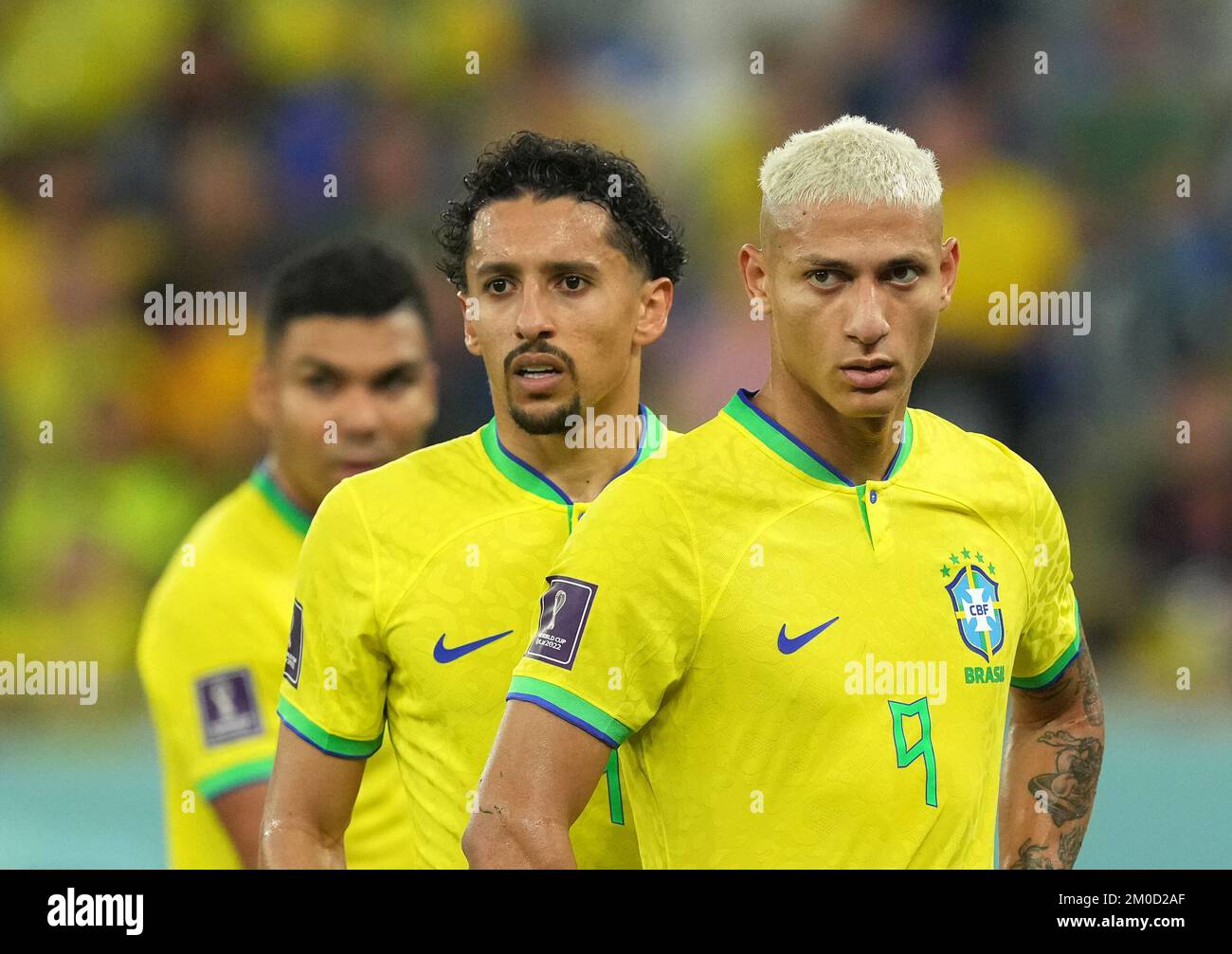 Brazil's Thiago Silva, Marquinhos and Richarlison during the FIFA World Cup Round of Sixteen match at Stadium 974 in Doha, Qatar. Picture date: Monday December 5, 2022. Stock Photo