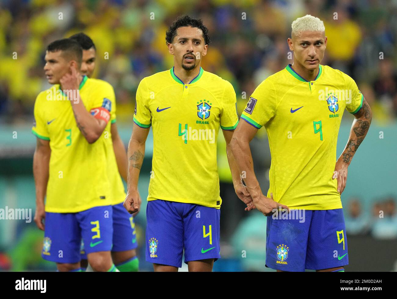 Brazil's Thiago Silva, Marquinhos and Richarlison during the FIFA World Cup Round of Sixteen match at Stadium 974 in Doha, Qatar. Picture date: Monday December 5, 2022. Stock Photo