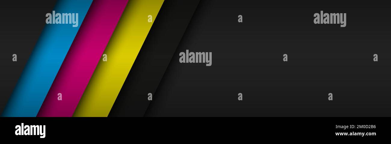 Black modern header with overlapped layers with cmyk colors. Banner for your business. Vector abstract widescreen background Stock Vector