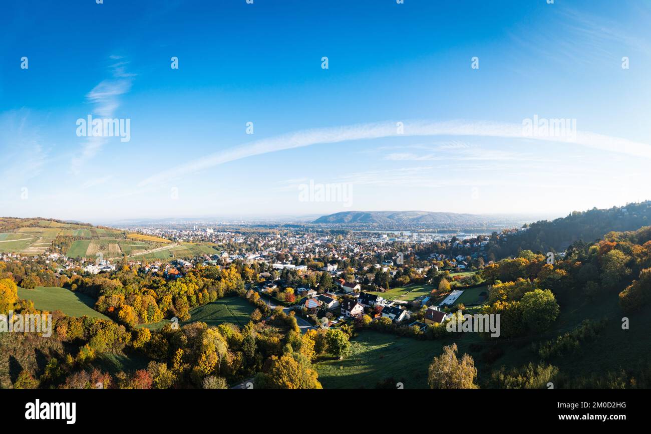 Klosterneuburg Weidling area in autumn. Picture taken from the famous Höhenstrasse with Bisamberg and Danube river in the background. Stock Photo