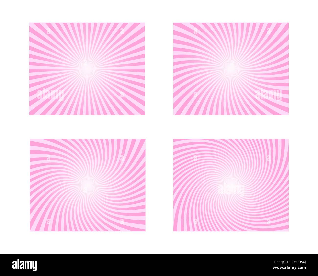 Set of pink circus backgrounds. Rosy sunsets, radial twisted stipes, pinwheel pattern. Strawberry bubble gum, sweet lollipop candy, ice cream texture. Clipping mask. Vector cartoon illustration Stock Vector
