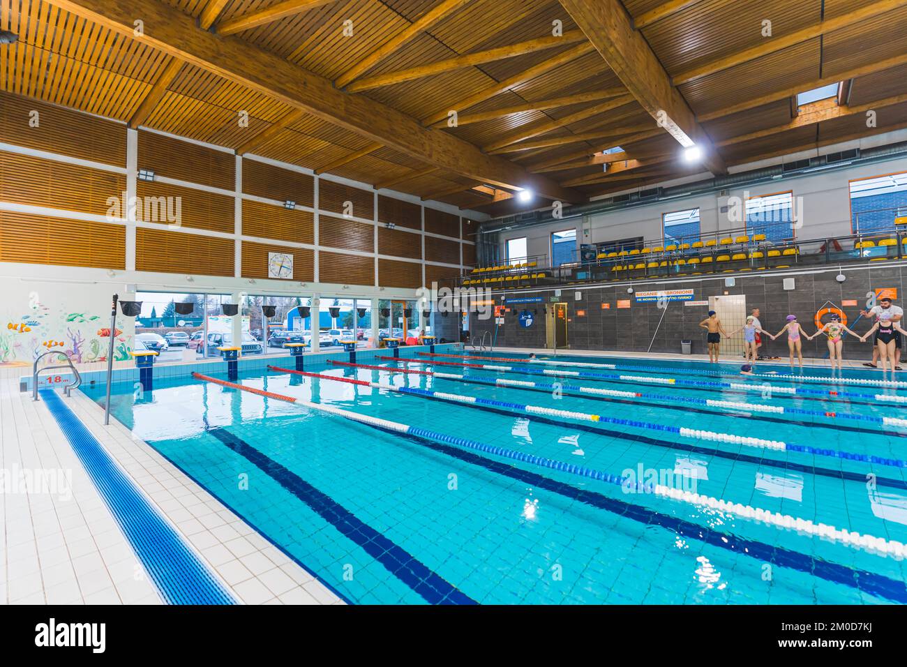 Interior of a professional sports hall with indoor swimming pool