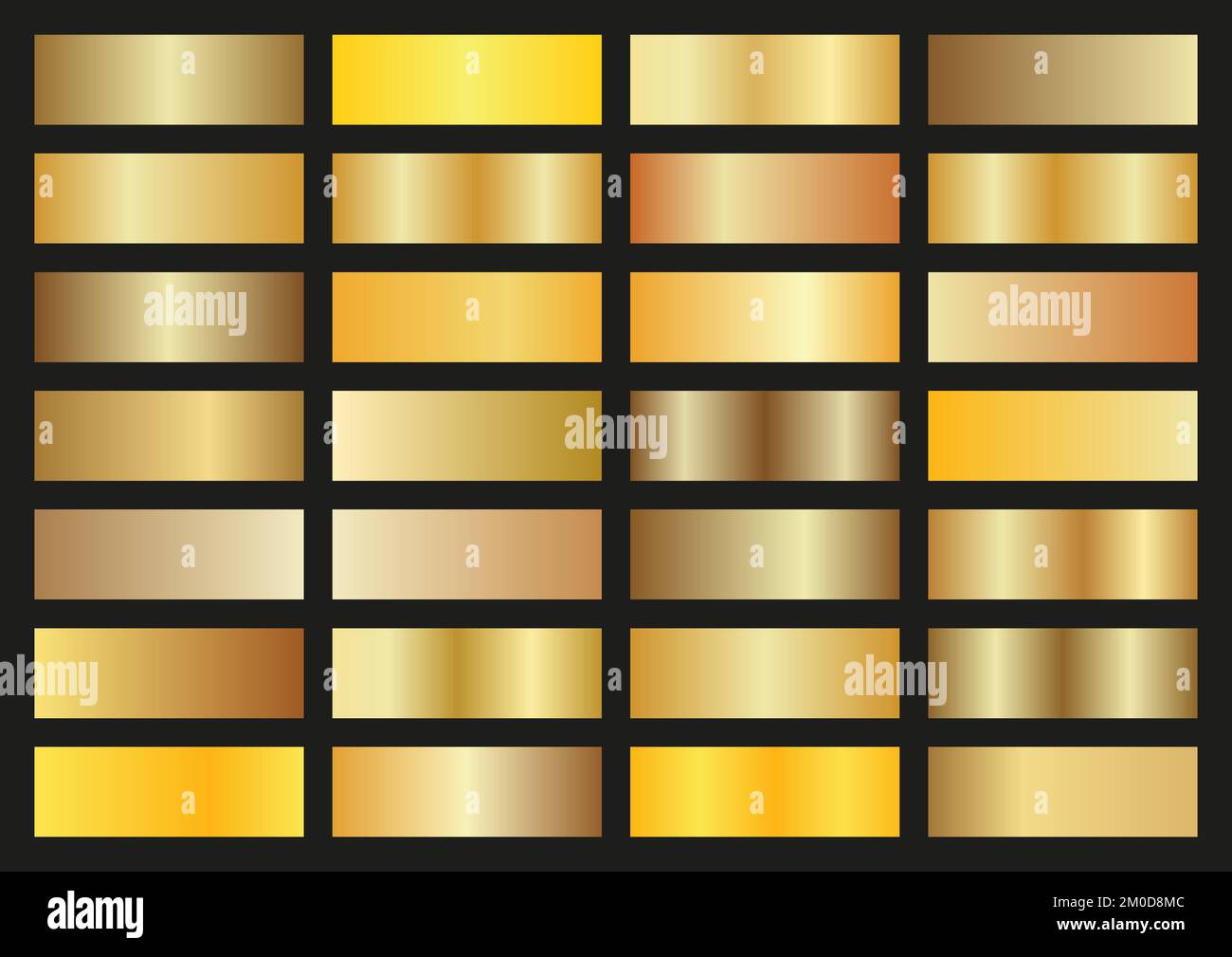 Vector set of gold metallic gradients. Swatches collection. Shiny gradient set on black background. Metal texture Stock Vector