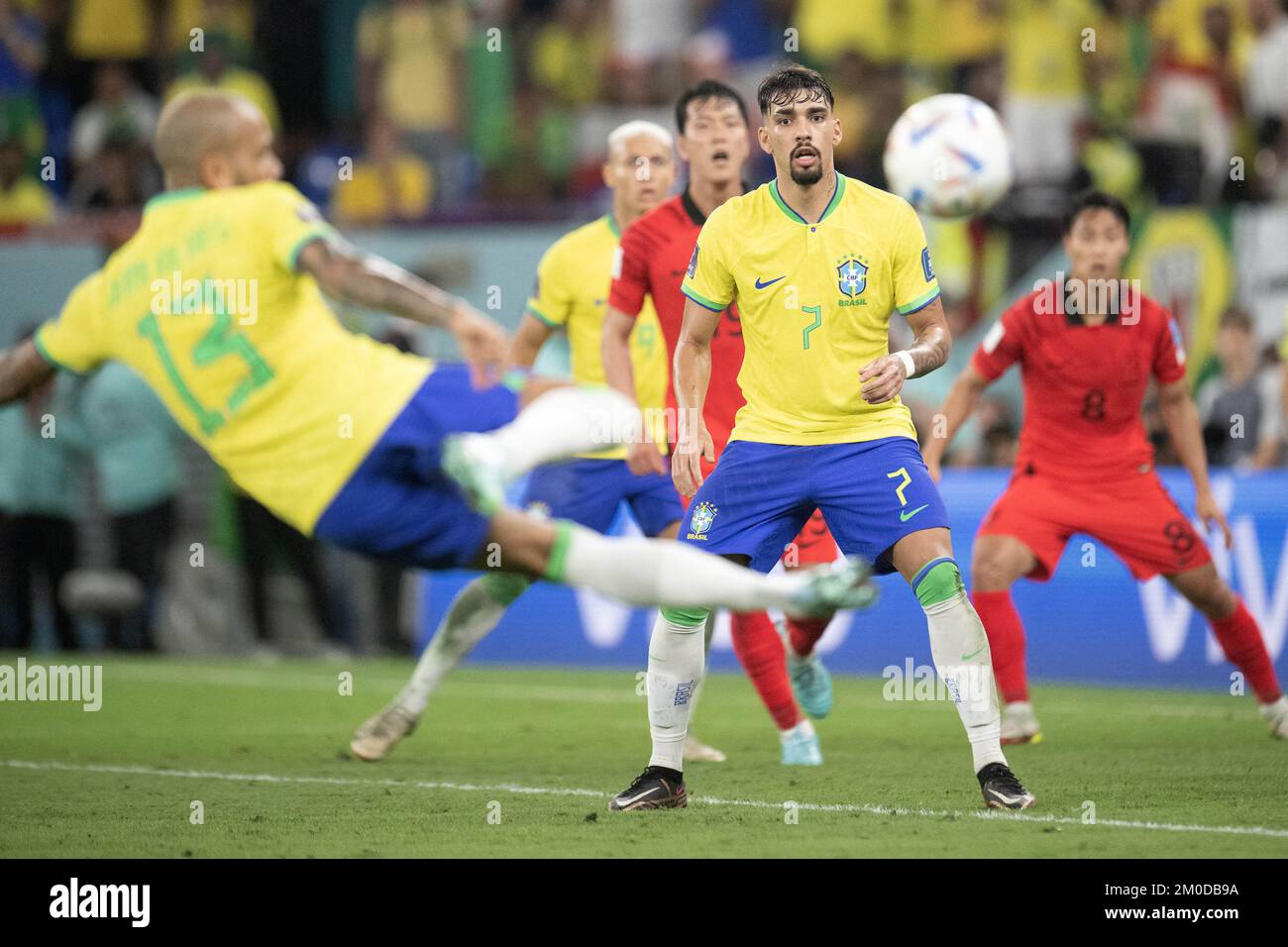Doha, Qatar. December 05, 2022, Dani Alves and Lucas Paqueta of Brazil in action during the FIFA World Cup Qatar 2022 Round of 16 match between Brazil v Korea Republic at Stadium 974, on December 05, 2022 in Doha, Qatar. Photo by David Niviere/ABACAPRESS.COM Stock Photo