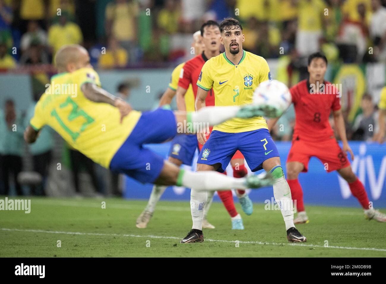 Doha, Qatar. December 05, 2022, Dani Alves and Lucas Paqueta of Brazil in action during the FIFA World Cup Qatar 2022 Round of 16 match between Brazil v Korea Republic at Stadium 974, on December 05, 2022 in Doha, Qatar. Photo by David Niviere/ABACAPRESS.COM Stock Photo