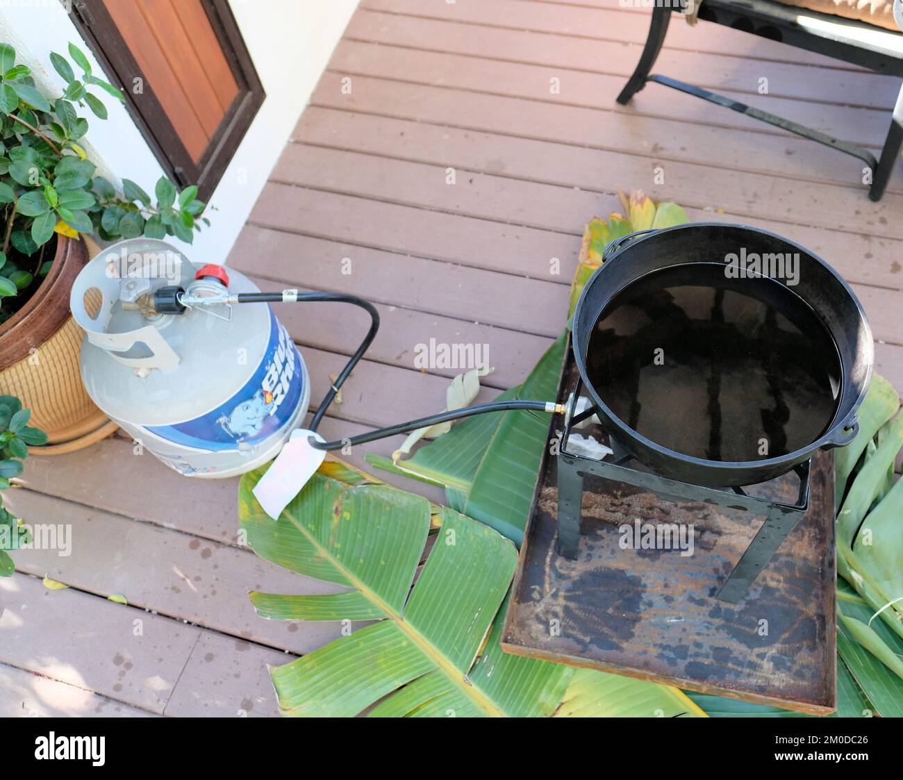 Outdoor propane gas cooker connected to a Blue Rhino propane tank over
