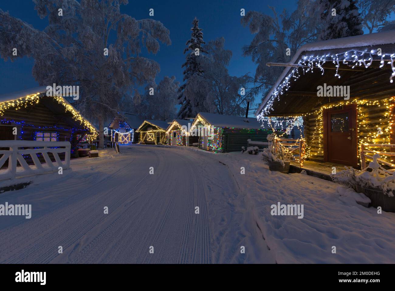 Christmas Decorations on the old cabins in Fairbanks Alaska Stock Photo